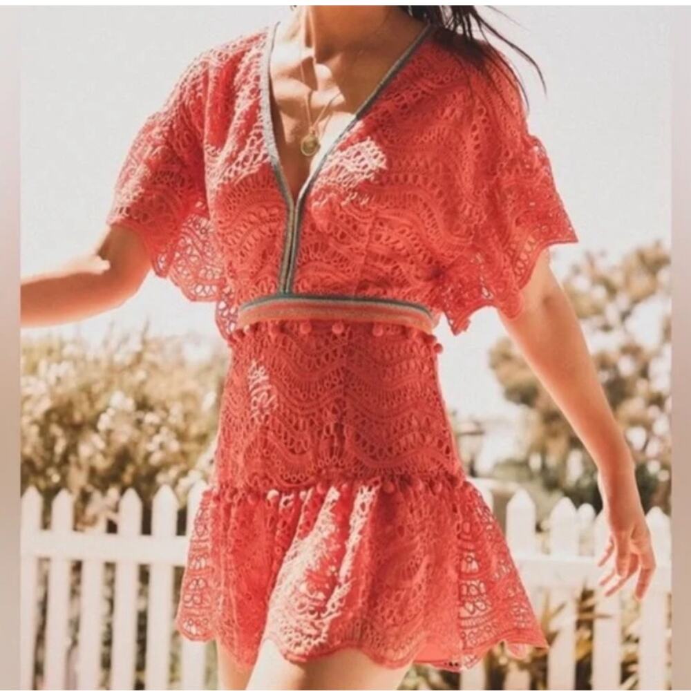 SAYLOR Coral Merrill Romper Scallop Embroidery Pink Orange Crochet Pom Pom Small